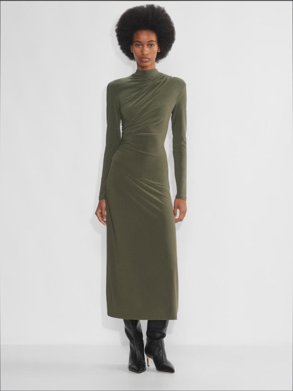 Aritzia Olive Green Long Sleeve Ruched Midi Dress